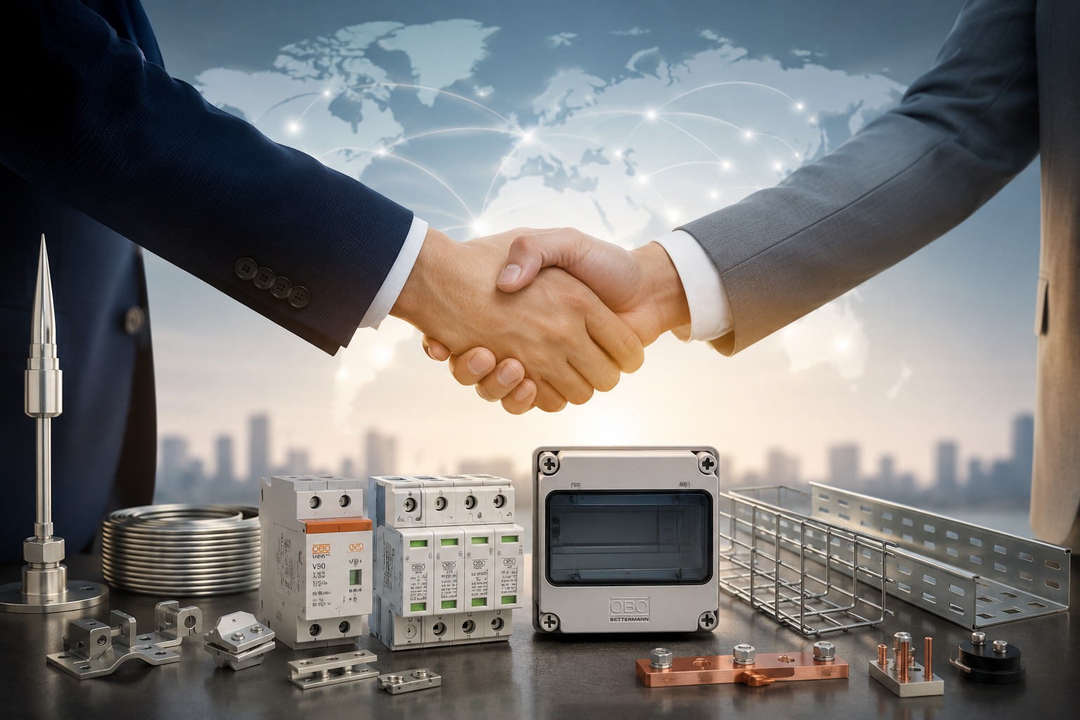 Business partners handshake in an international corporate setting