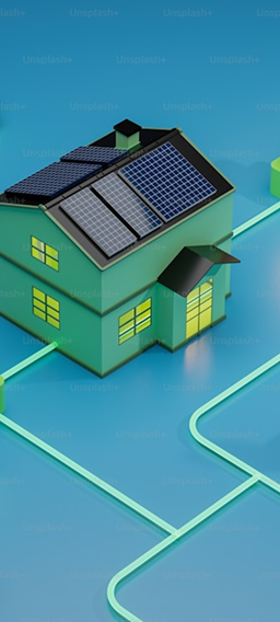 Isometric illustration of a home with solar panels on a connected grid
